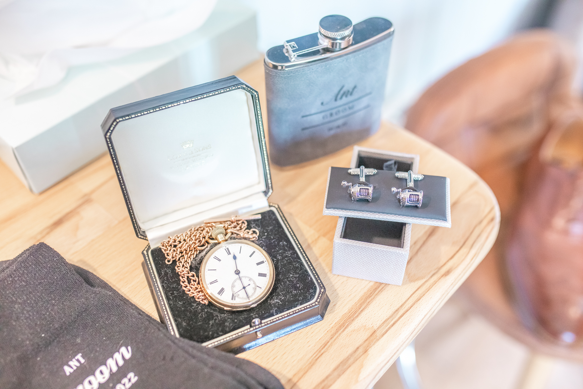 Pocket watch, hipflask and cufflinks at Sandhole Oak Barn groom prep