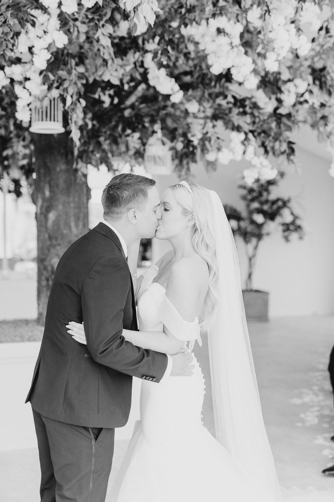 Kelsey and Spencer's first kiss captured by Cheshire wedding photographer, Sophie Siddons at Combermere Abbey