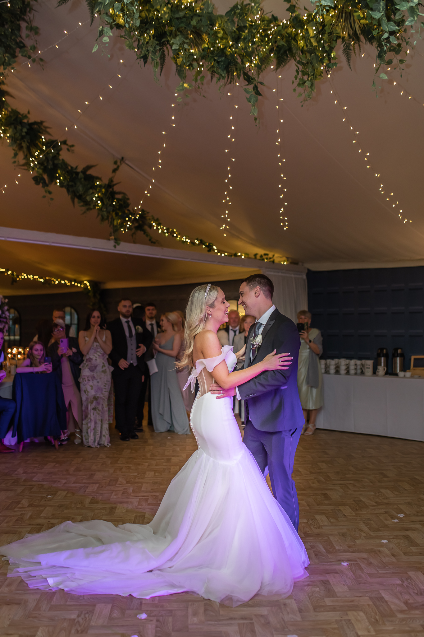 Bride and groom during their first dance at The Pavilion at Combermere Abbey