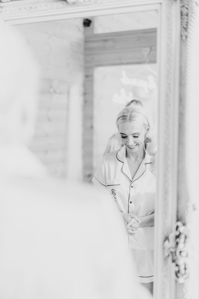 Brides reflection in the mirror during bridal prep, cheshire wedding